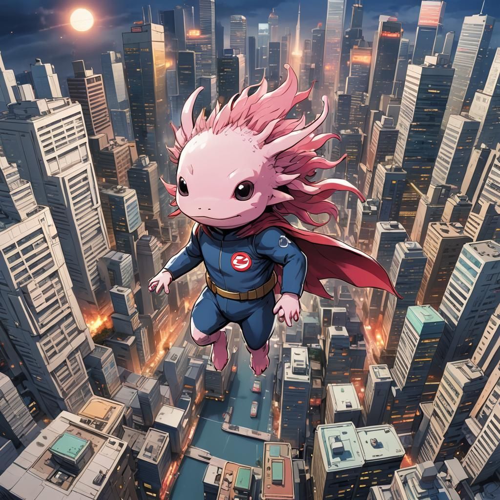 A Superhero Axolotl Saves a city of People