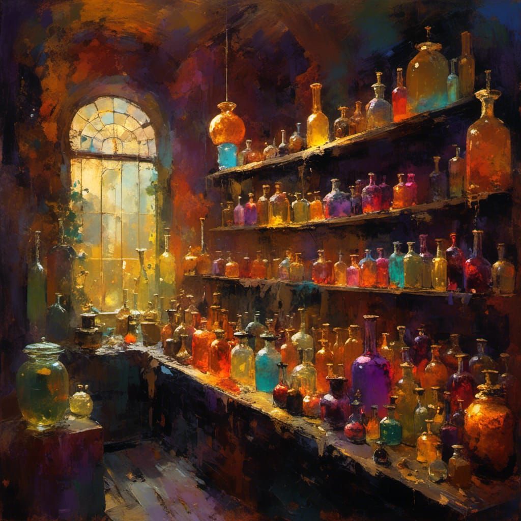 <lora:MJ6 Painterly:1.0>A magical potion shop brimming with vials of colorful liquids and exotic ingredients, expressionism painting, the o...