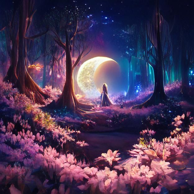 Luminous Moon in Enchanted Aetherpunk Forest