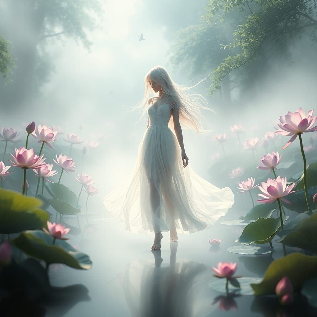 Ethereal Girl Ghost on Misty Pond in Fantasy Landscape