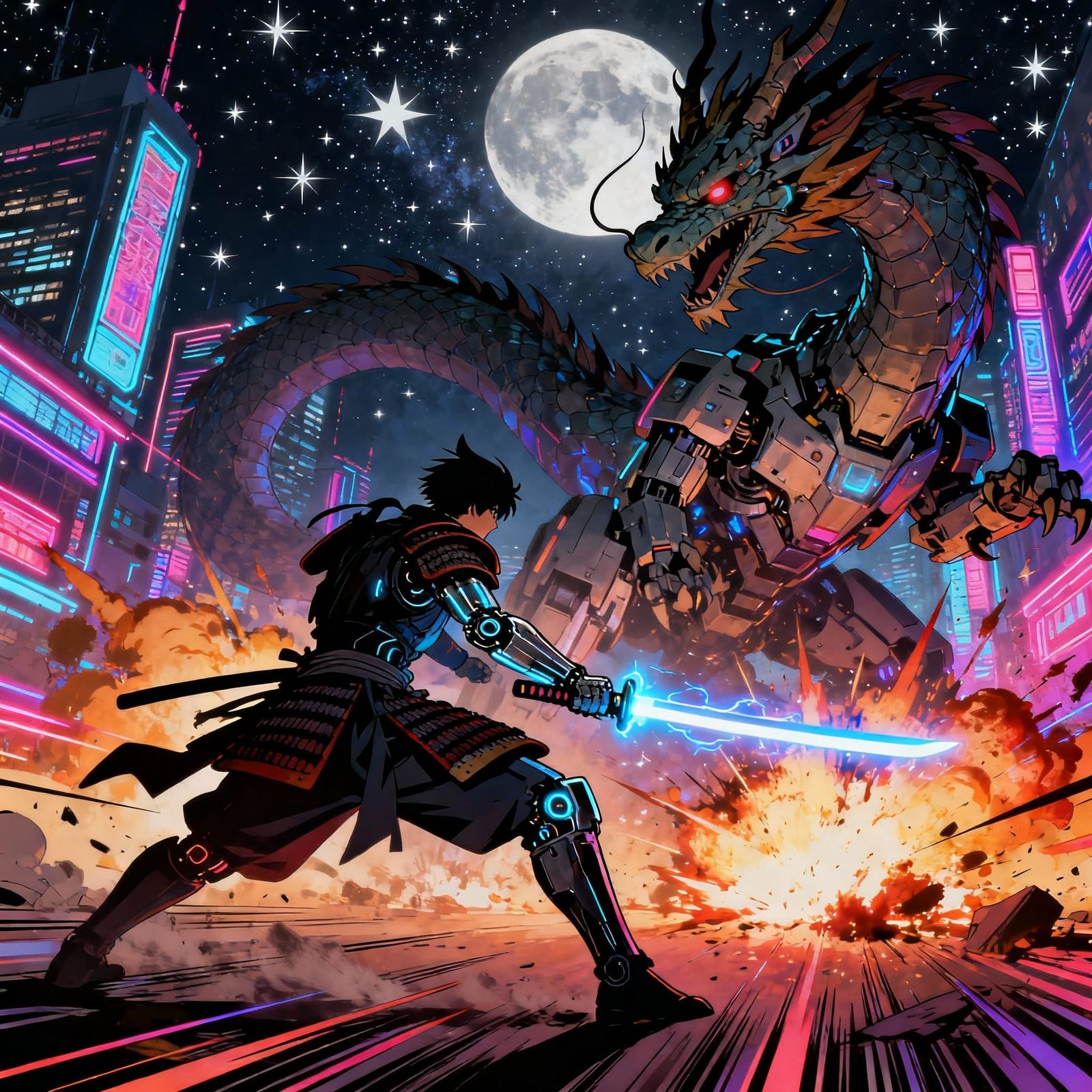 A dynamic anime-style battle scene where a cybernetic samurai with glowing energy katana clashes with ...  by @nateleavitt
