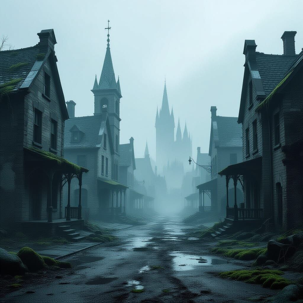 A desolate abandoned city lost to the rest of the world.  broken down building covered in moss empty  foggy streets  lost forever 