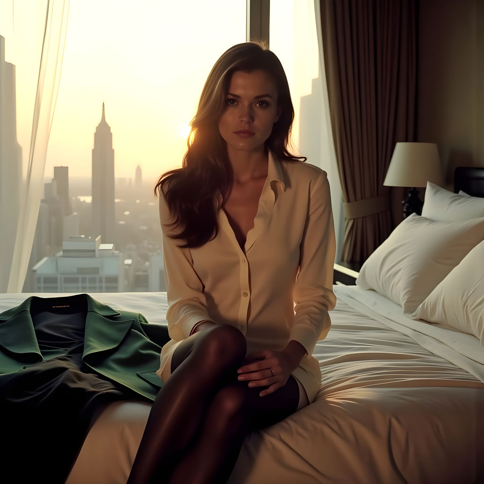 "Itchy"
oversized bed, one long leg extended, fingers tugging the sheer black stocking over her knee. The elastic top sn...