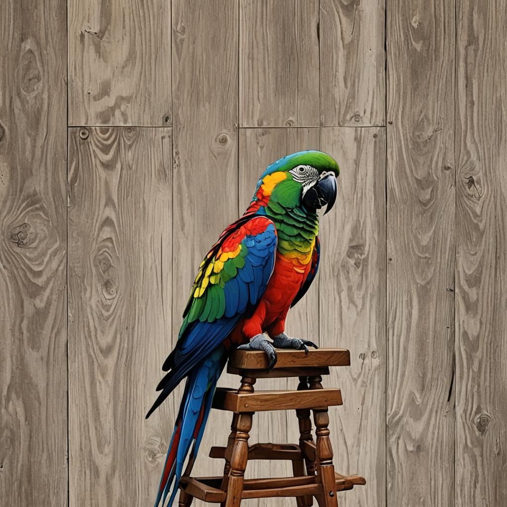 A 28 parrot on the back of a wooden chair abstract art compl...