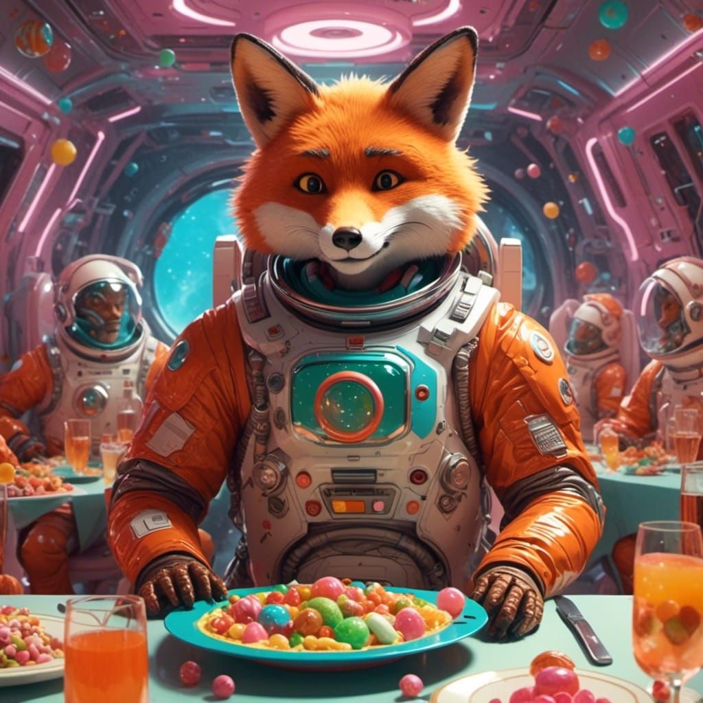 <lora:Bonbon Panic XL:1.0>
An anthropomorphic fox wearing a spacesuit at a dinner party on Mars. Candy sci-fi