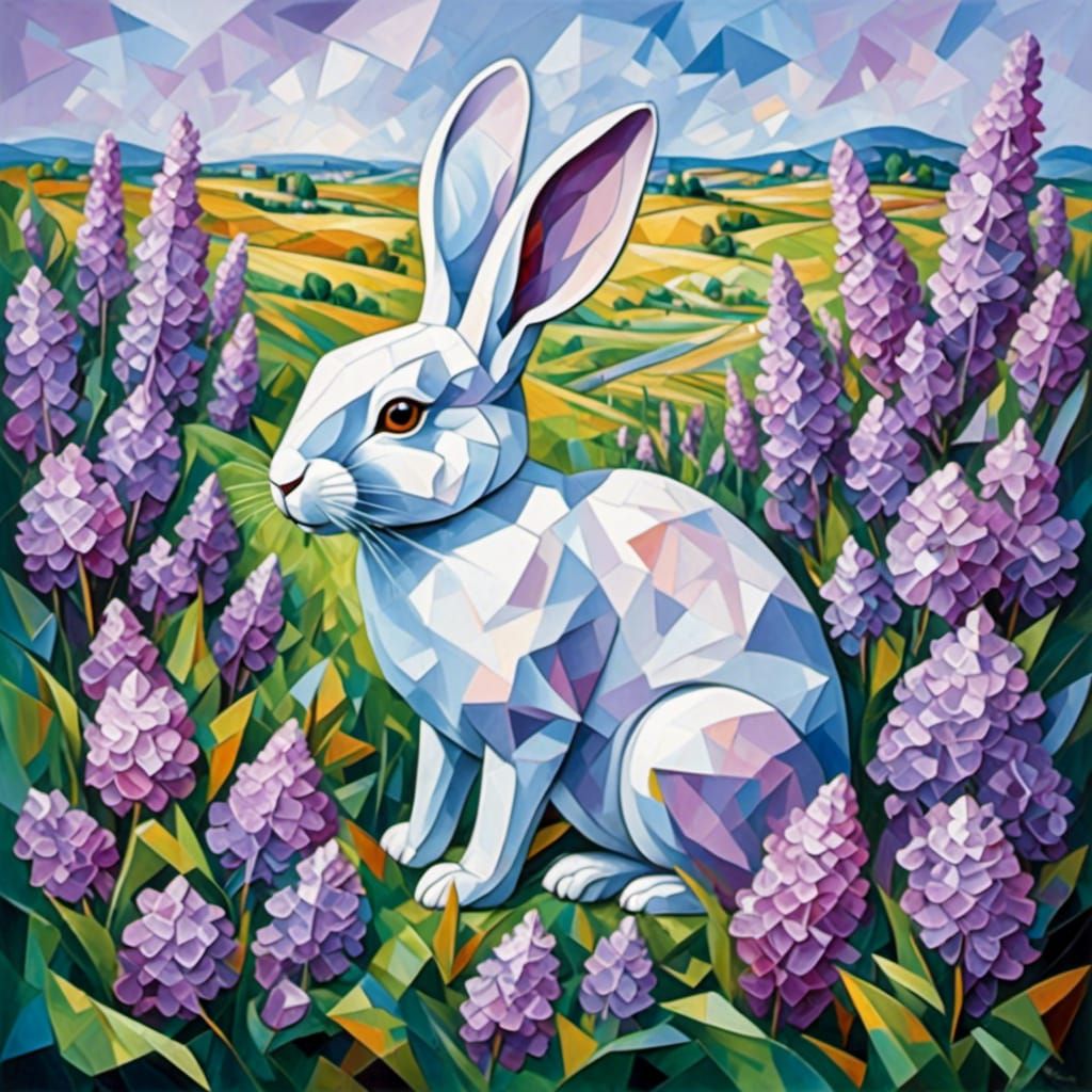 <lora:MoCubey:1.0> A rabbit in a field of lilac flowers, cubism