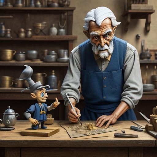 Geppetto and Pinocchio in the workshop, intricate, sharp focus, hyper real, 
