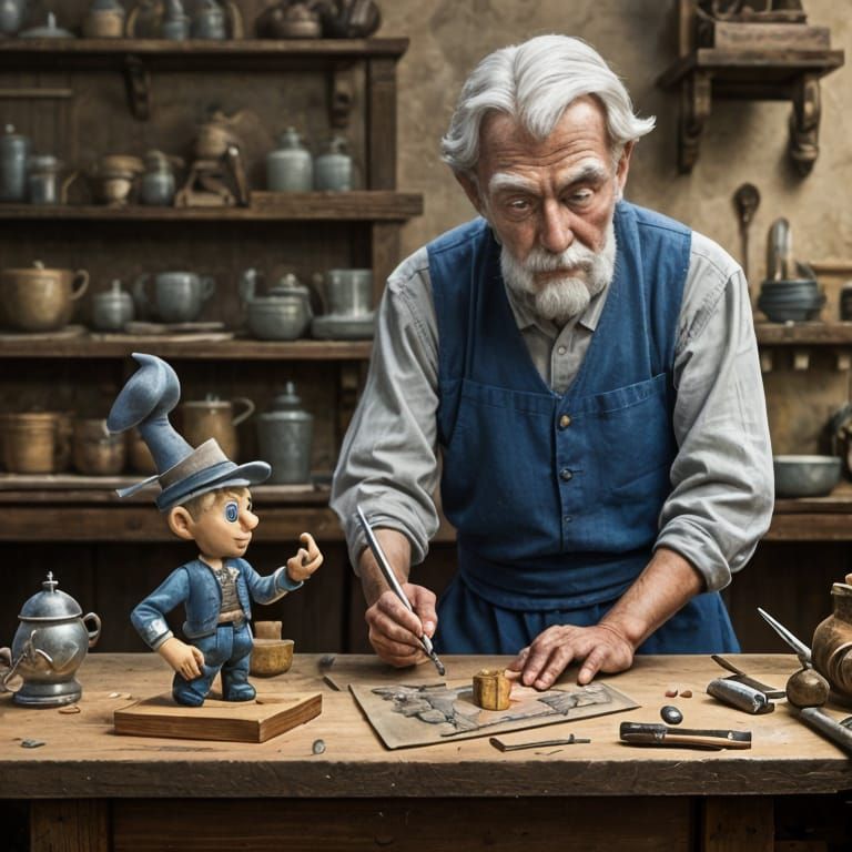 Geppetto and Pinocchio in the workshop, intricate, sharp foc...