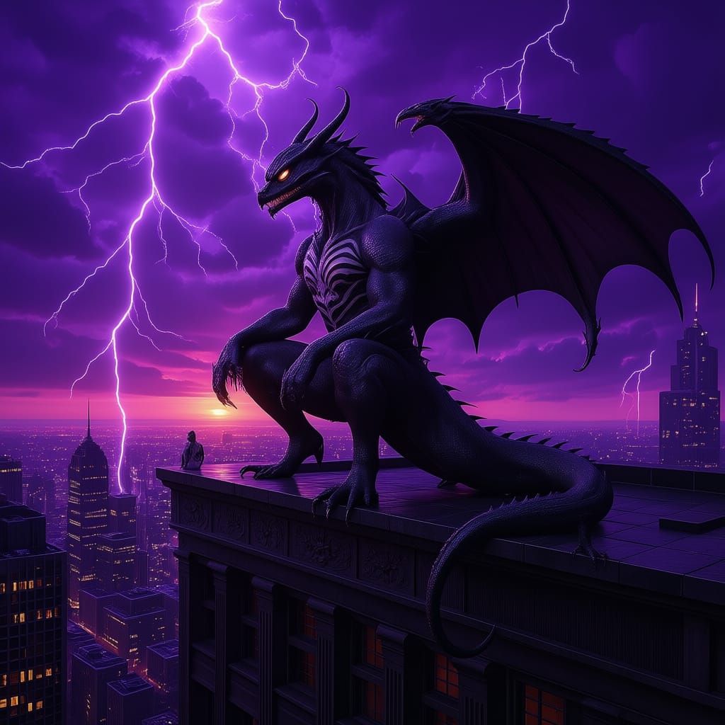 Anthro black dragon dressed as Venom perched on a rooftop during a lightning storm overlooking the city below as it burns