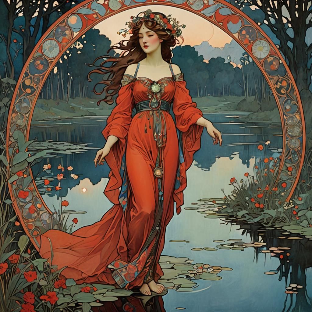 Lady in red standing by a lake at midnight