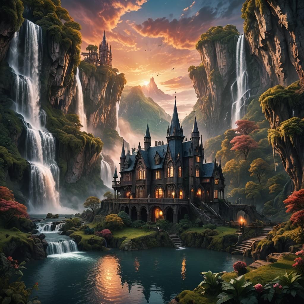 Gothic style home in a fantasy land , surrounded by waterfal...
