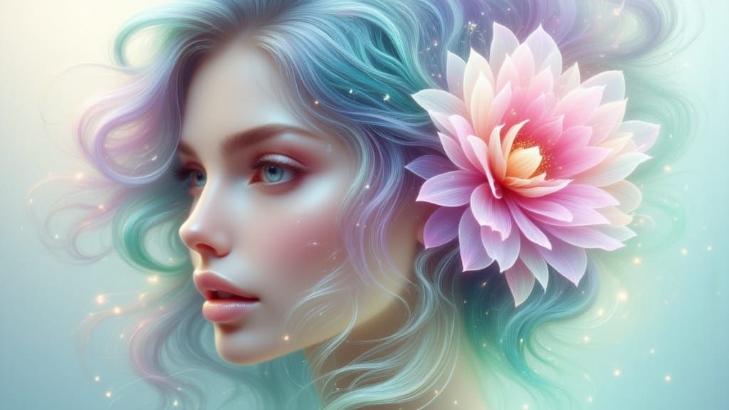Ethereal Woman with Gradient Hair and Flower