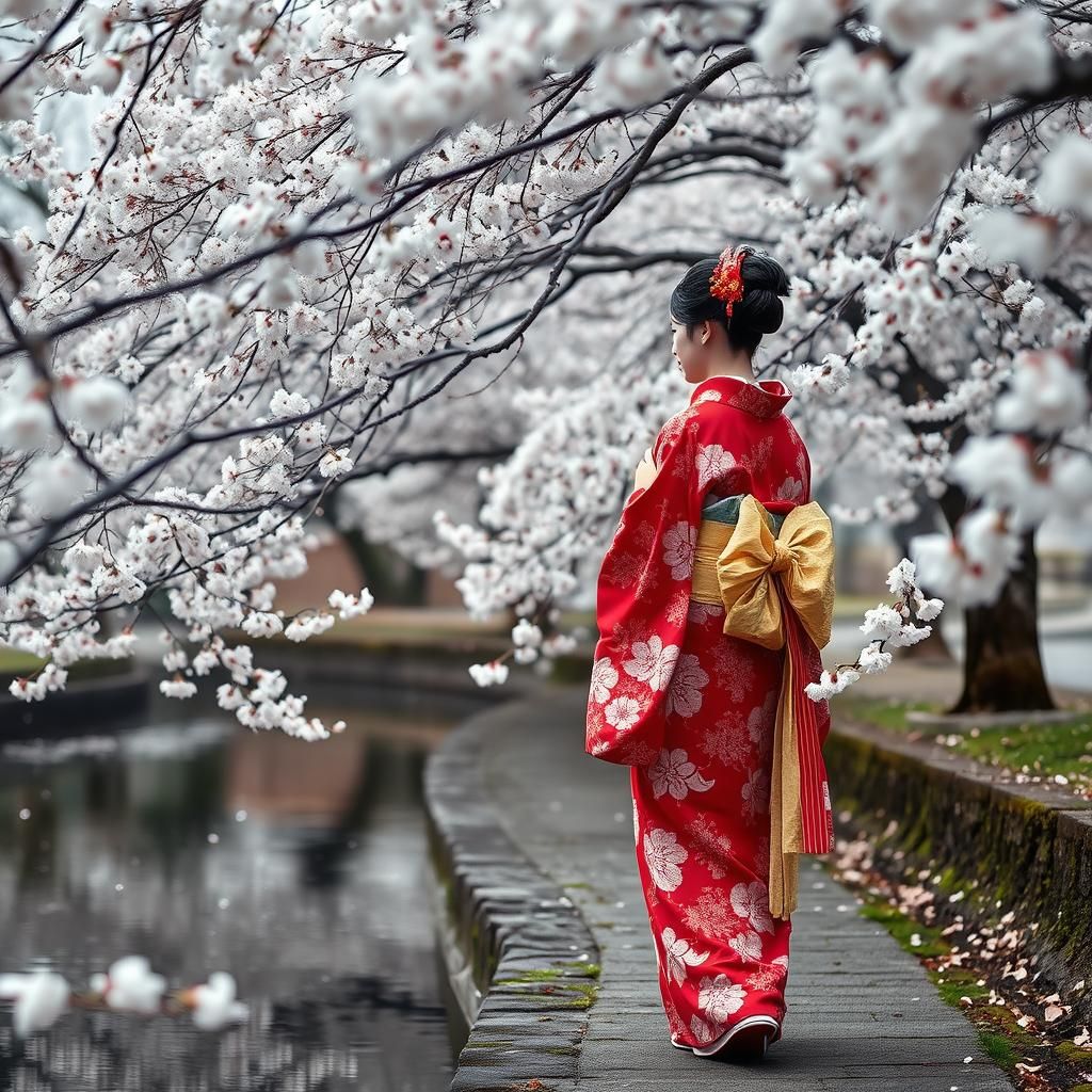 A serene landscape with cherry trees in full bloom, capturin...