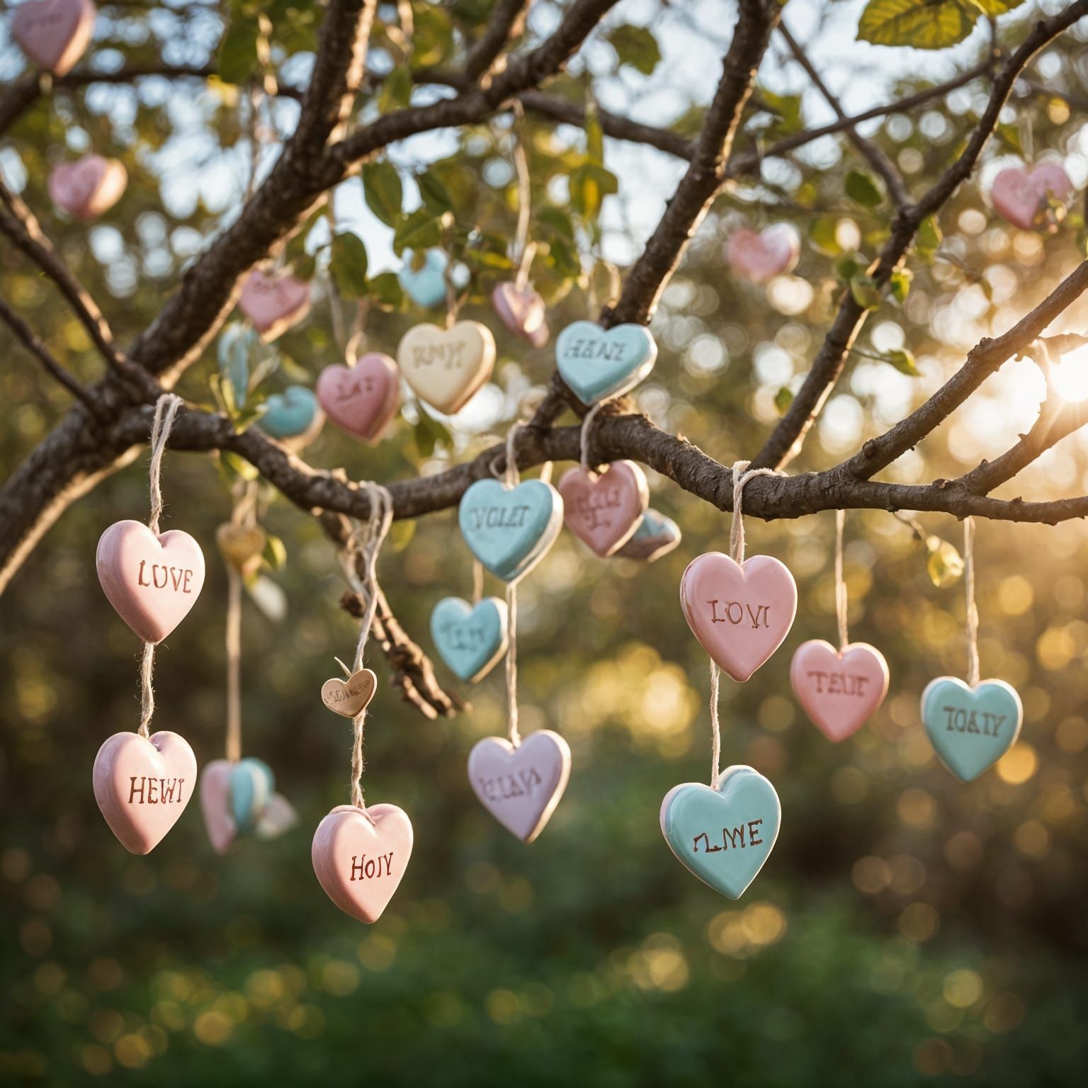 Chocolate Conversation Hearts on strings hanging on a tree