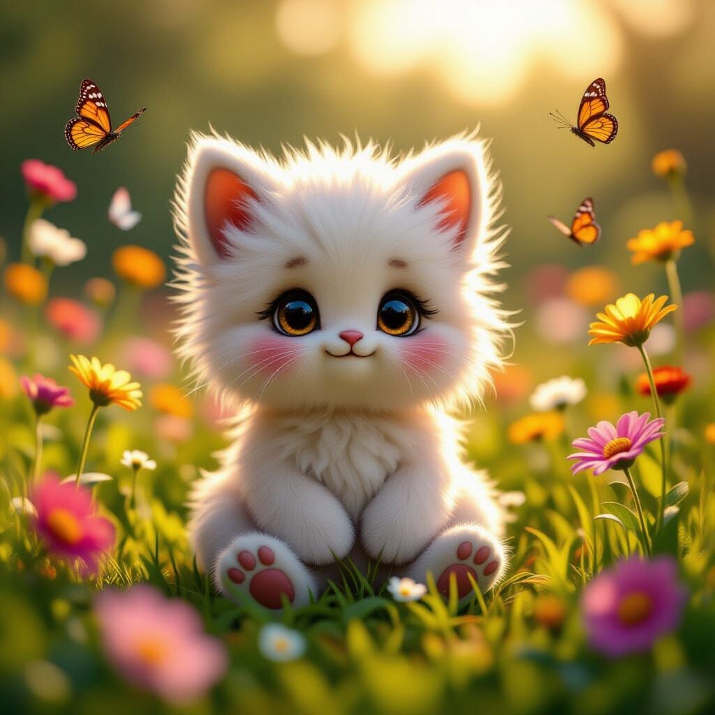 Cute Fluffy Creature in Sunlit Flower Meadow