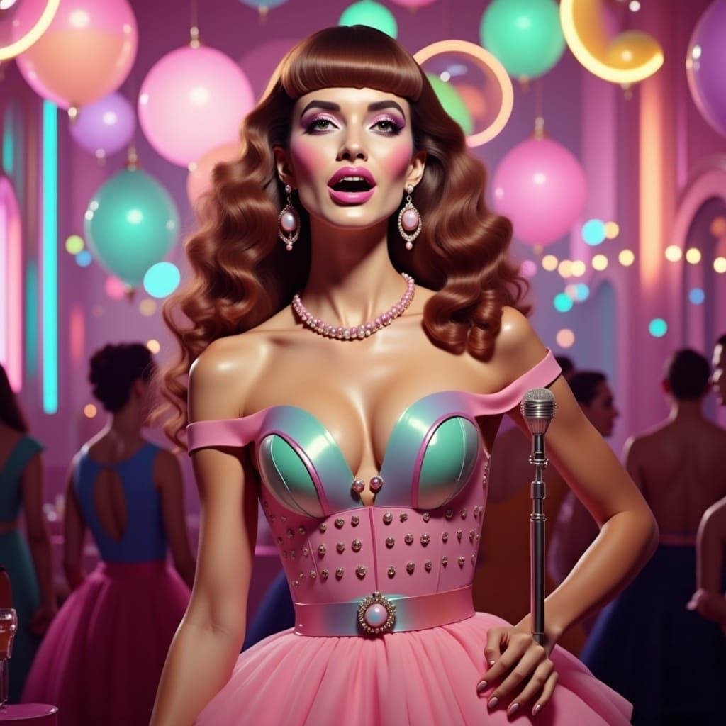 <lora:Sugar Rush:1.0> hyperrealism, retrofuturism, pastel, chrome, an attractive lounge singer in an evening gown, singing at a microphone i...