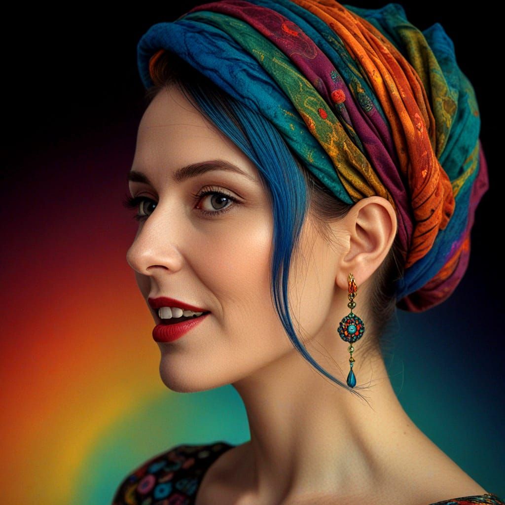 Vibrant Portrait of a 40-Year-Old Lady in Rich, Triadic Colo...