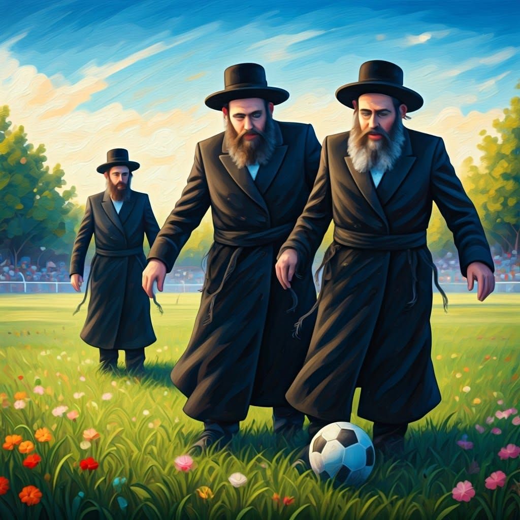 Hasidic Men Play Soccer in Whimsical Style