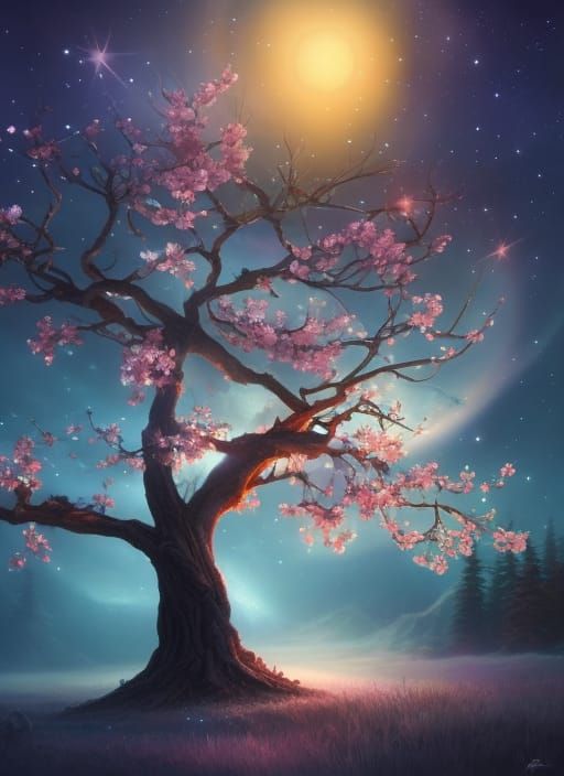 Tree Blossoming Under Astral Sun: Fantasy Art