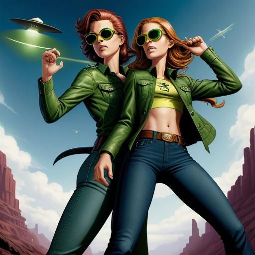 2 female green jeans models fight ufo green sunglasses