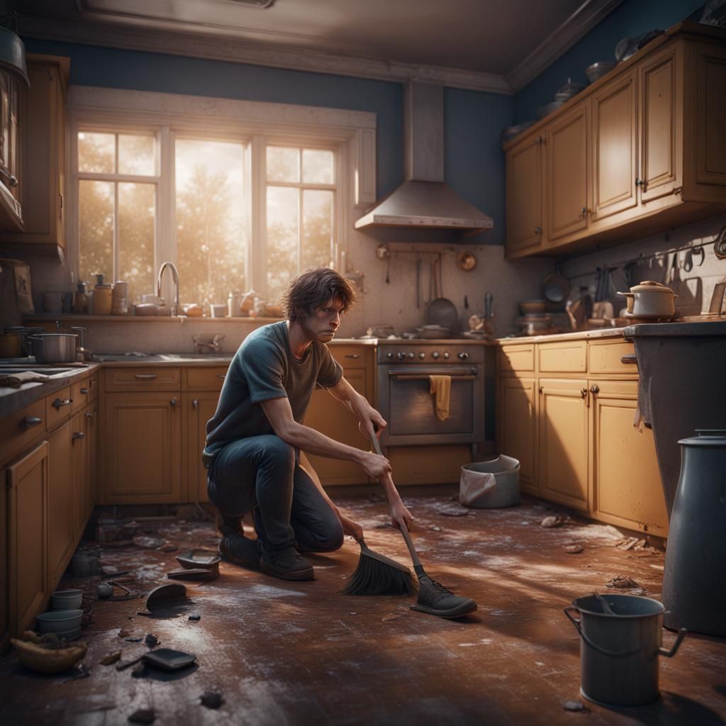 depressed young man cleaning up a kitchen which is in disarray - AI ...