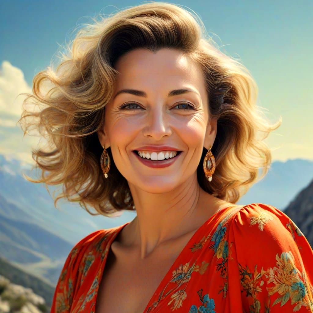 Happy Woman in Surreal Mountain Landscape, Photorealistic Ar...