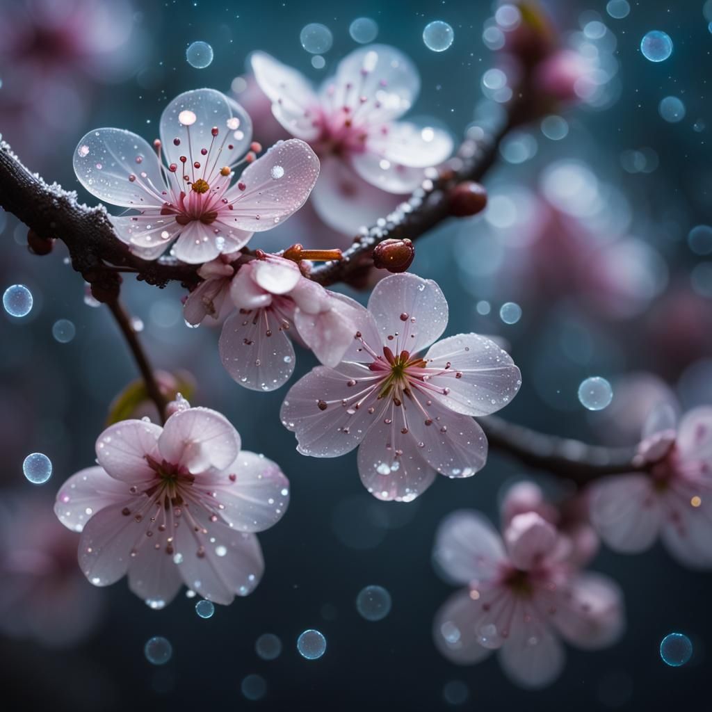 insanely detailed Iridescent dew covered bioluminescent cherry blossoms wrapped around a branch, cherry ...  by @AutumnBear