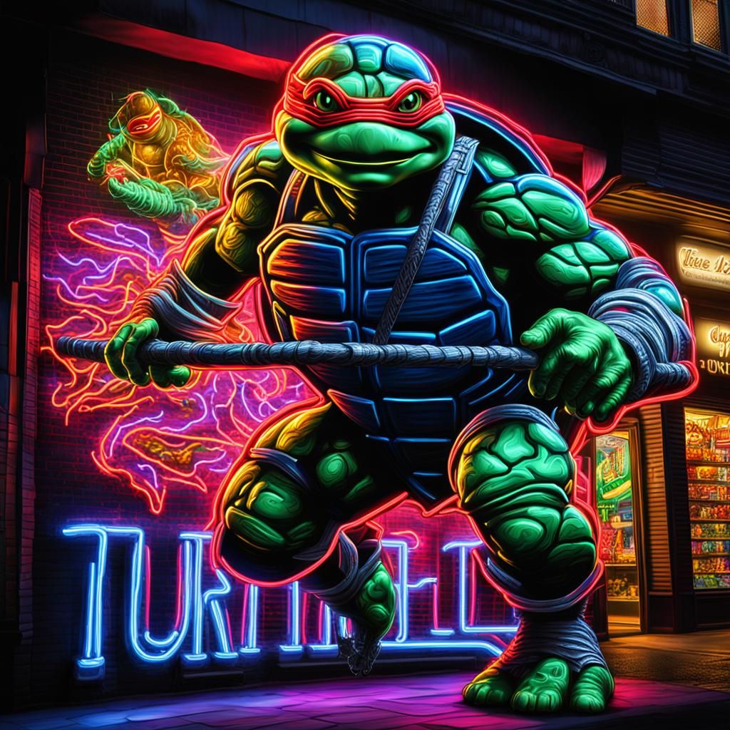 "neon images of a neon lit sign with the text 'Ninja turtle'...