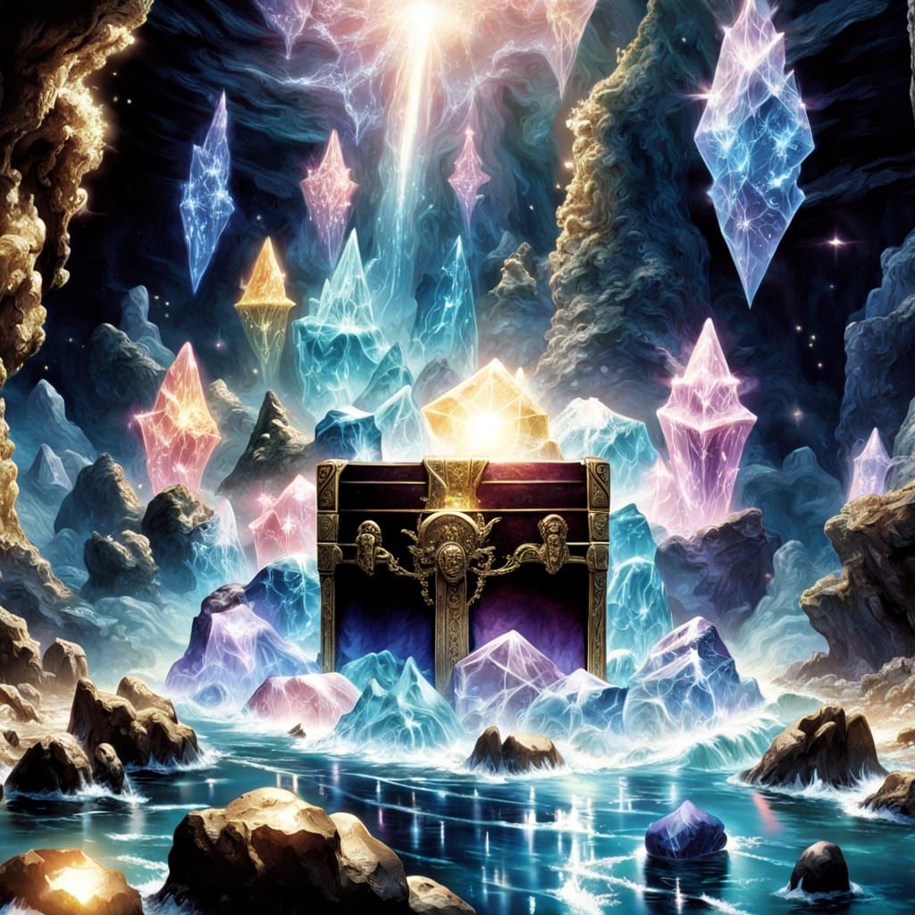  Divine Treasure at an etheral cave, radiant crystals, elgant crate,, storm driven waters , relaistic,cinematic,film,retro,vintage,777,1776,...