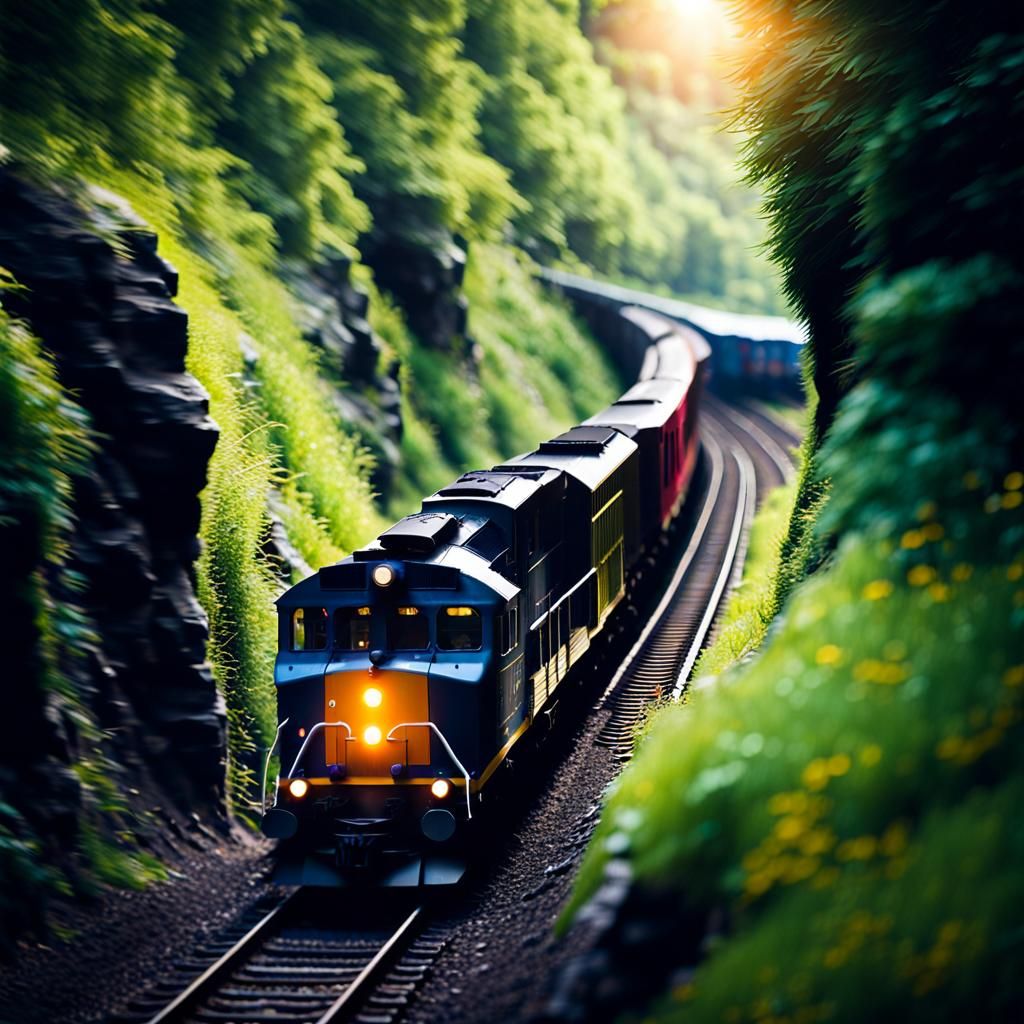 A train going into a tunnel, beautiful scenery,  Professional photography, bokeh, natural lighting, canon lens, shot on ...