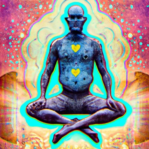 Four armed shaved humanoid with psychedelic tattoos sitting