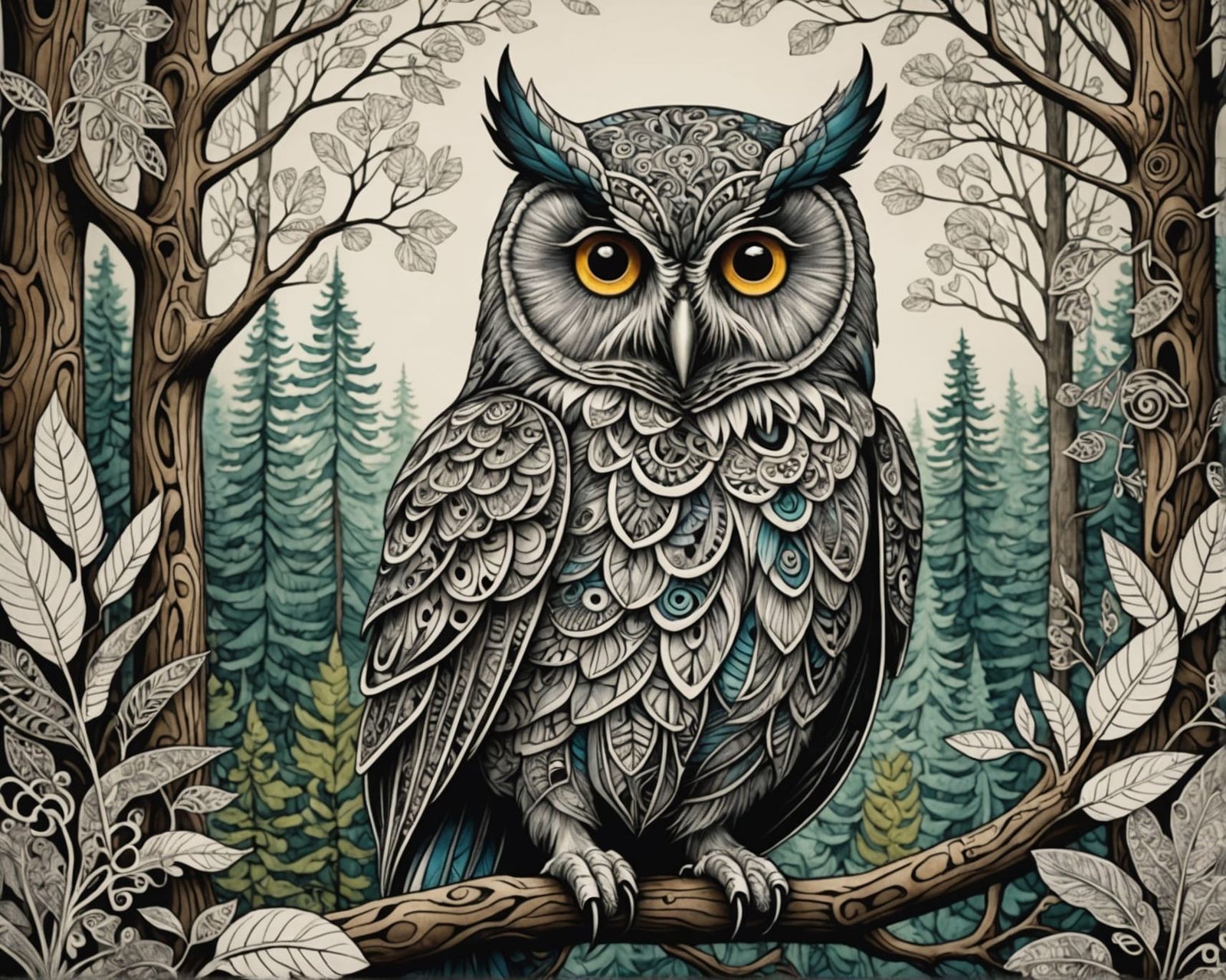 Surreal Owl, zentangle feathers, forestscape   by @Livia ACumplice