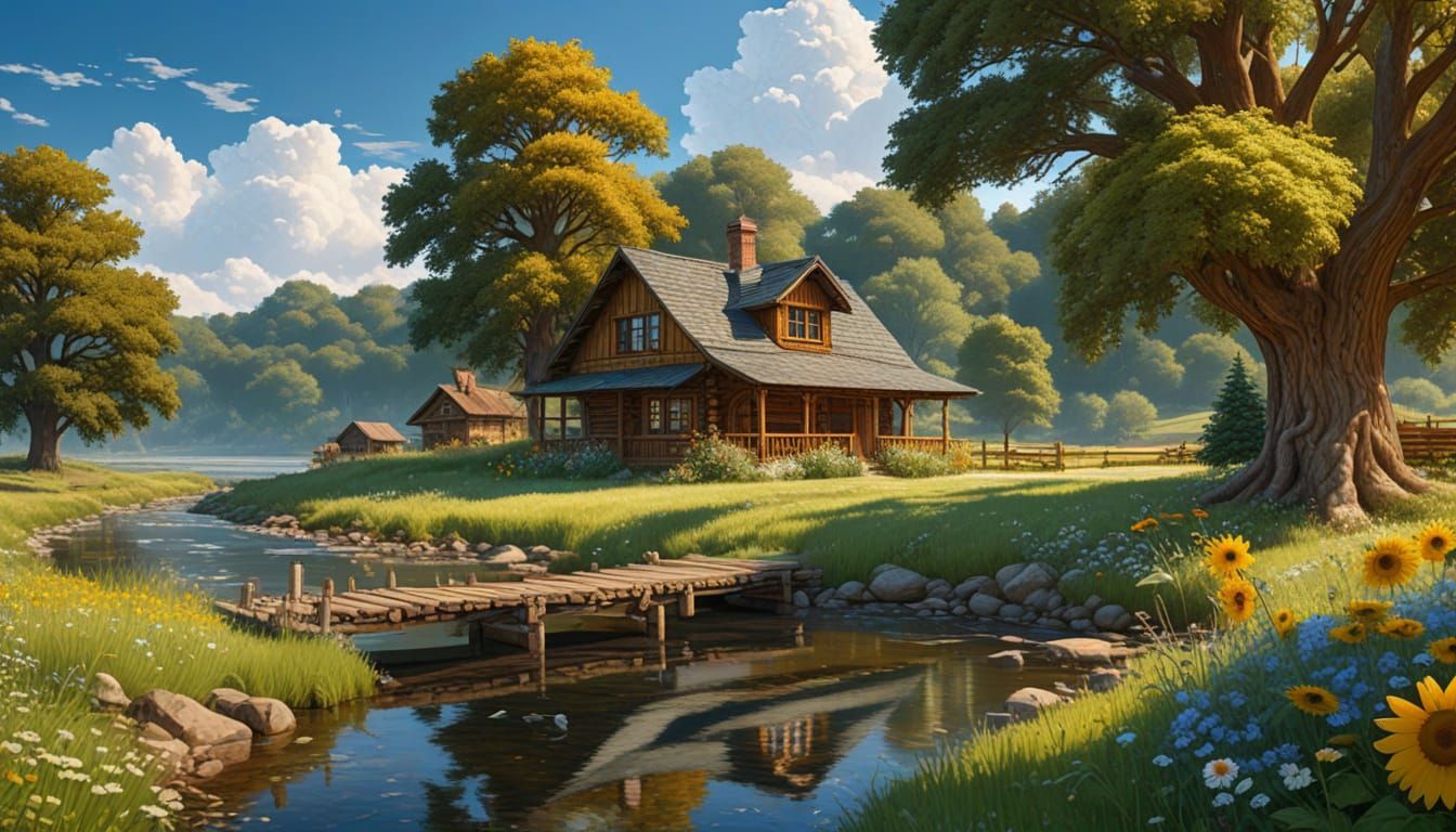 Summer Landscape with Oak Tree in Modern Art Style