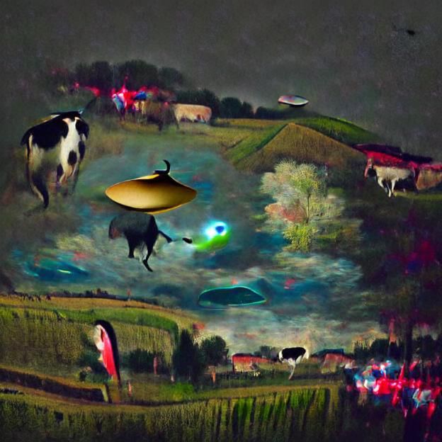 A Hieronymus Bosch style ufo abducting a cow from a pasture ...