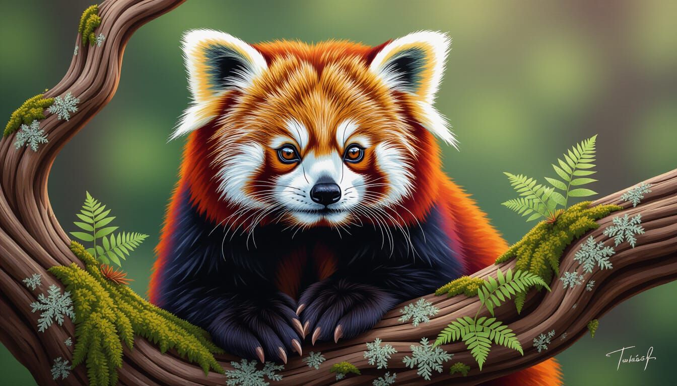 A highly detailed, hyperrealistic digital painting of a whimsical and wise red panda. The panda's fur is a vibrant tapestry of deep russet, ...