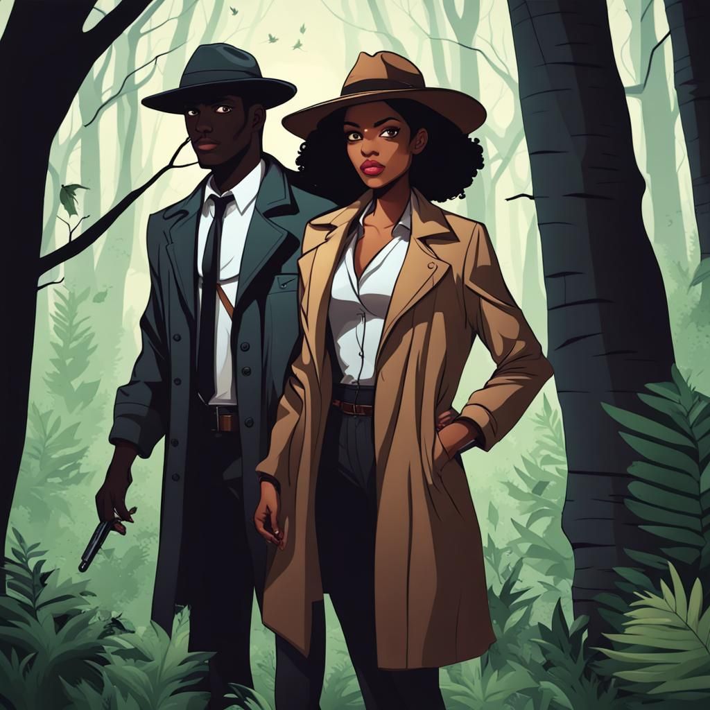 A male and female beautiful dark skinned detectives hiding i...