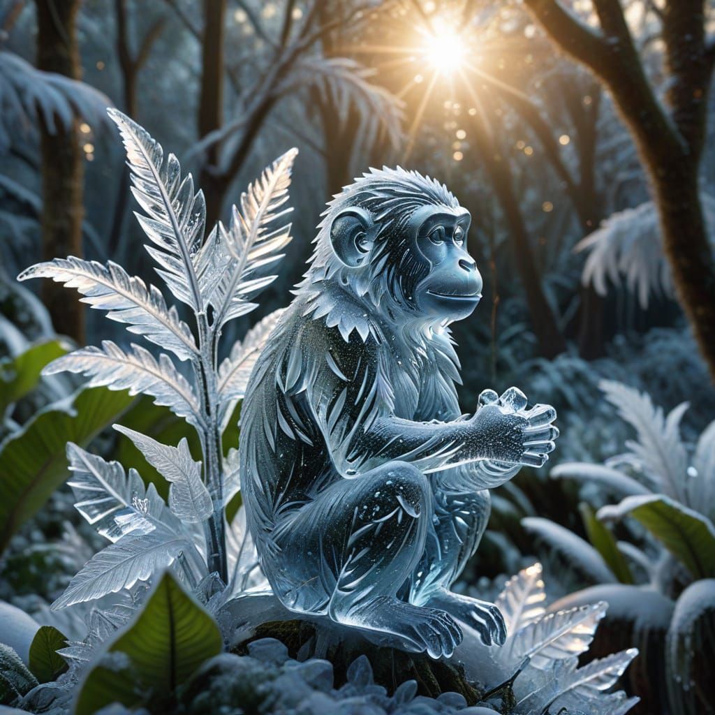 Magnificent Ice Sculpture of a Monkey in a Frozen Jungle Won...