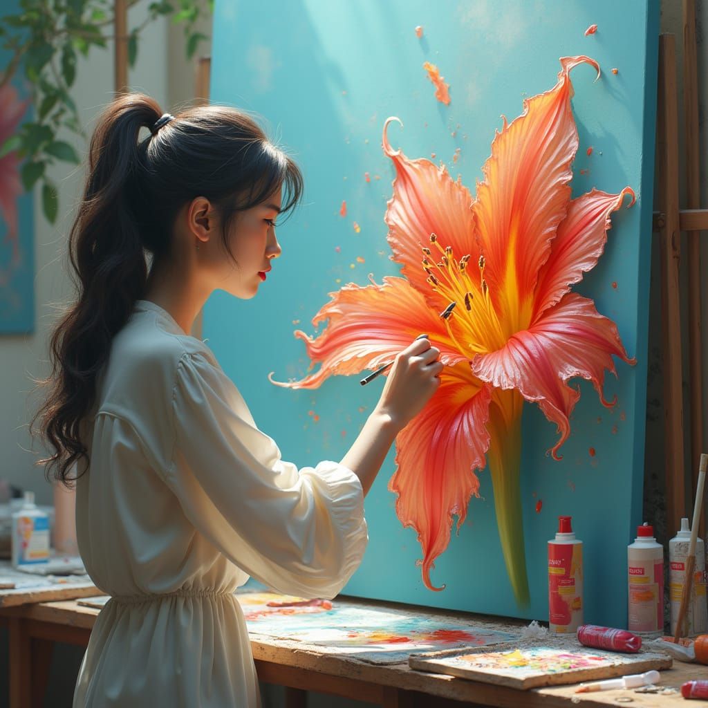 A painter painting a beauterful red and yellow flower  by @wait