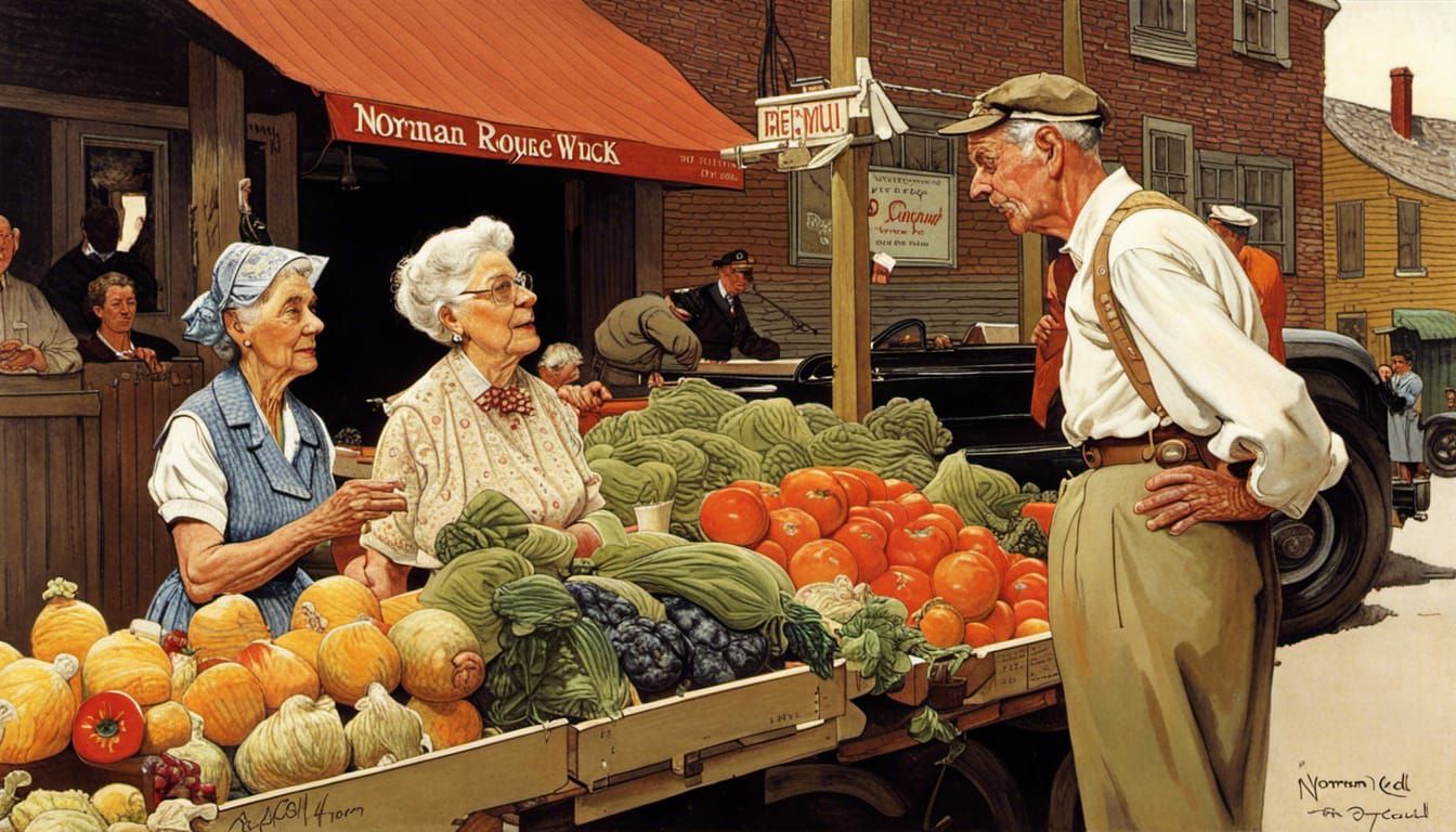 Portrait of Norman Rockwell buying produce in the market -4757 - AI ...