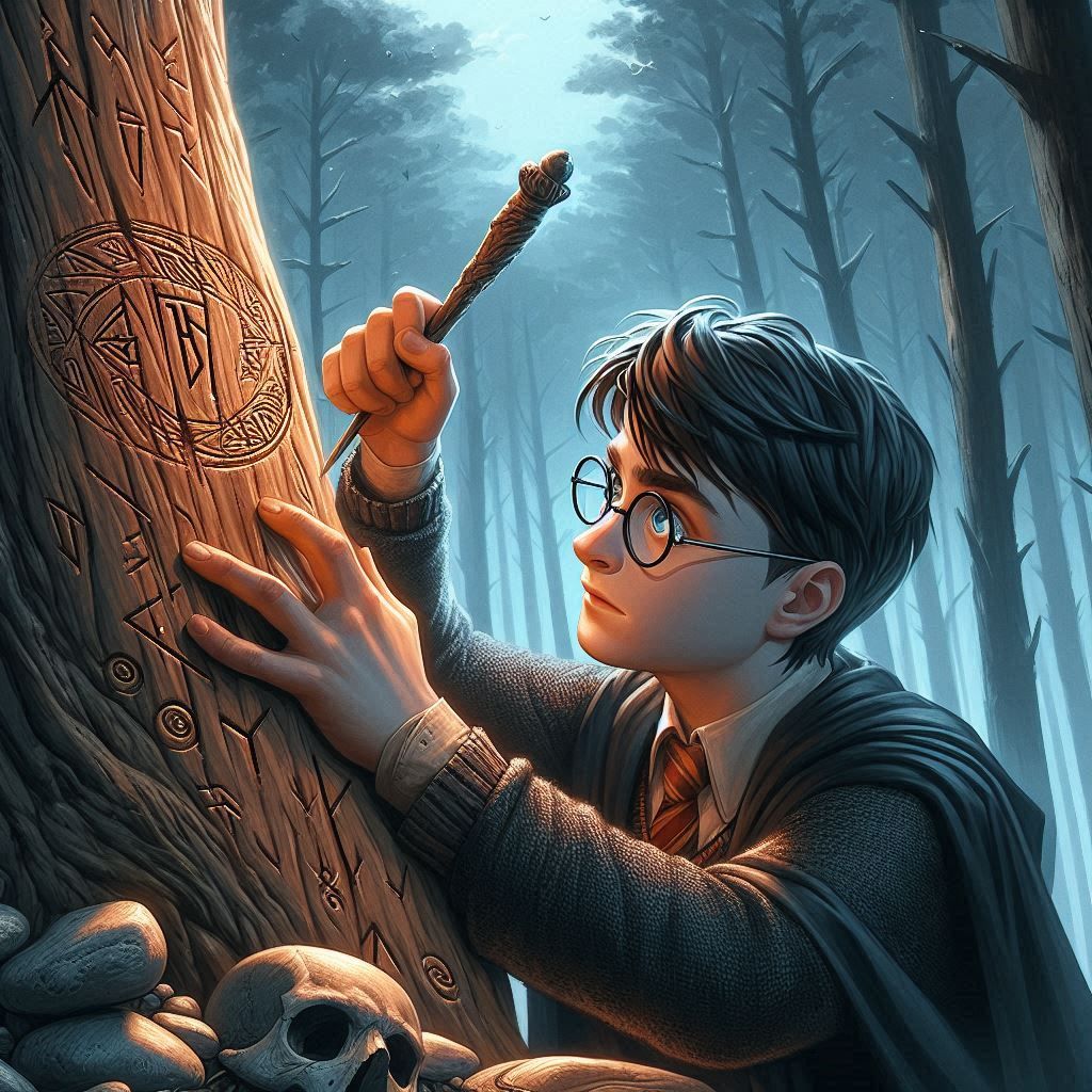 Harry potter Harry carving a rune into a tree for protection...