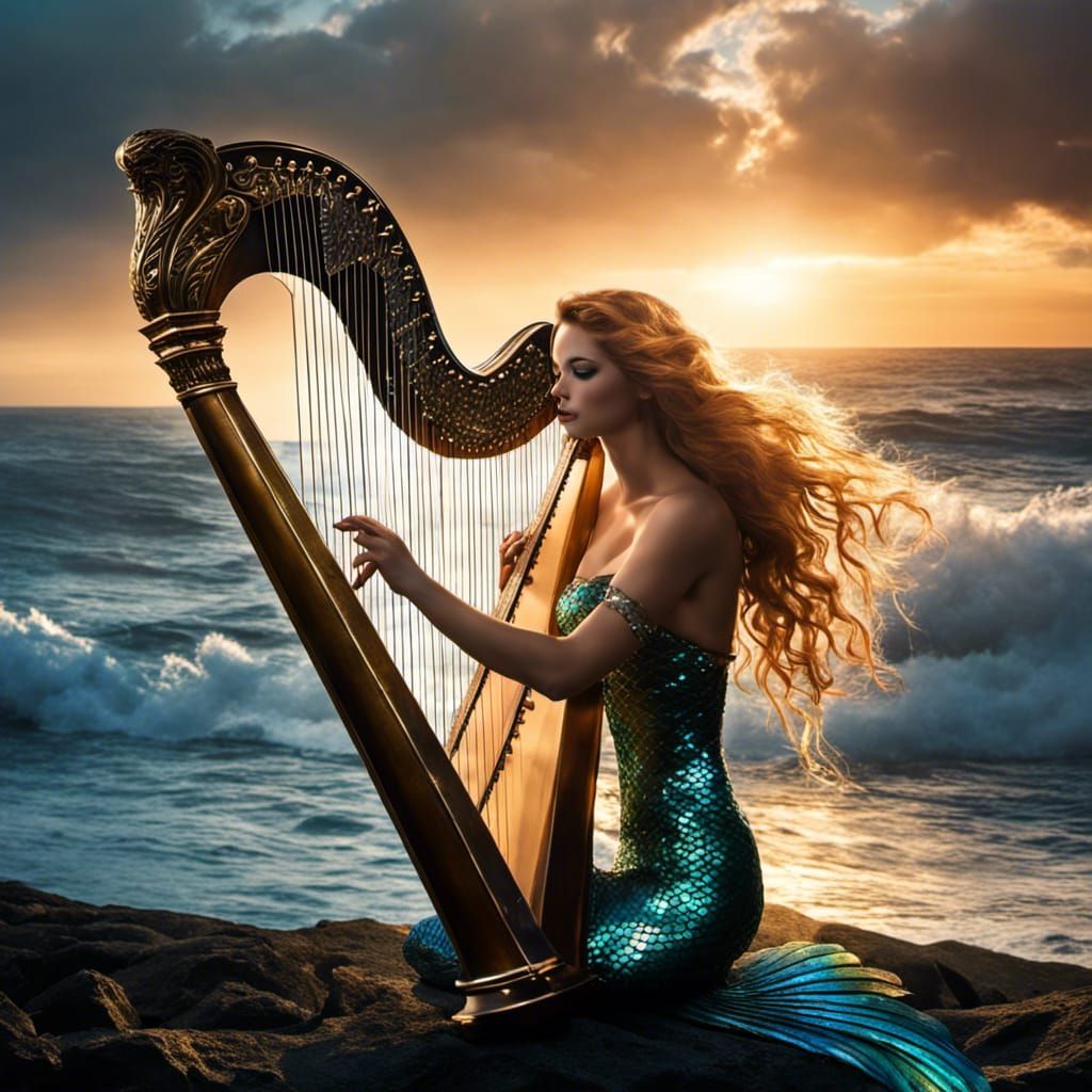 Beautiful_mermaid_playing_harp above ocean, perfect composition, perfect cinematic lighting, broken glass effect, stunning, mythical, someth...