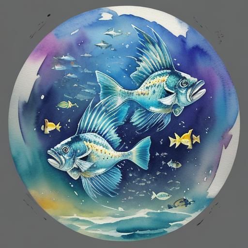 Pisces zodiac sign, two fish, watercolor, pencil sketch, ink...