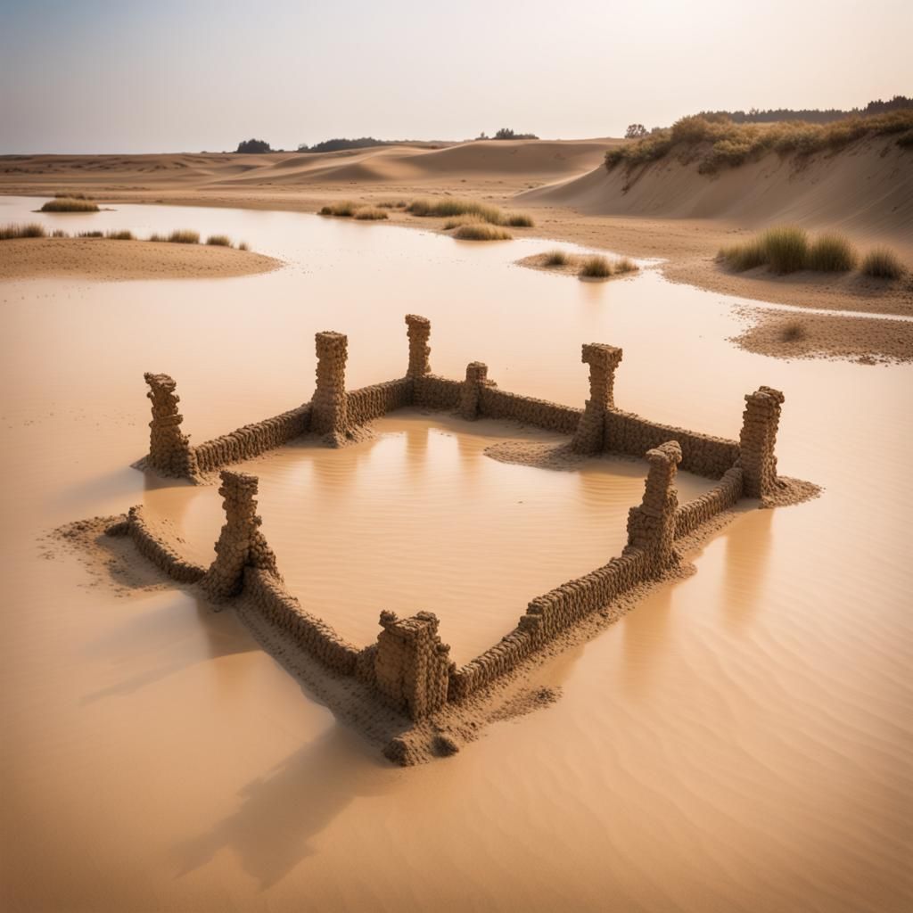 ruins of Bronze Age farms submerged by sand on a sandy plain