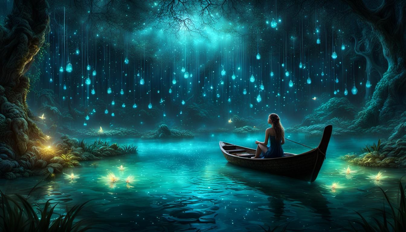a nymph relaxing in a magical lagoon with an enchanted fireflies  by @Dorian