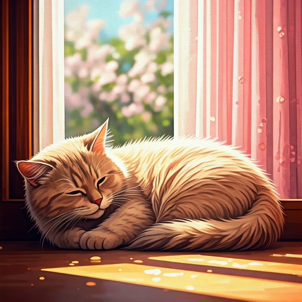 Beige Cat Sunbathing by Window in Watercolor