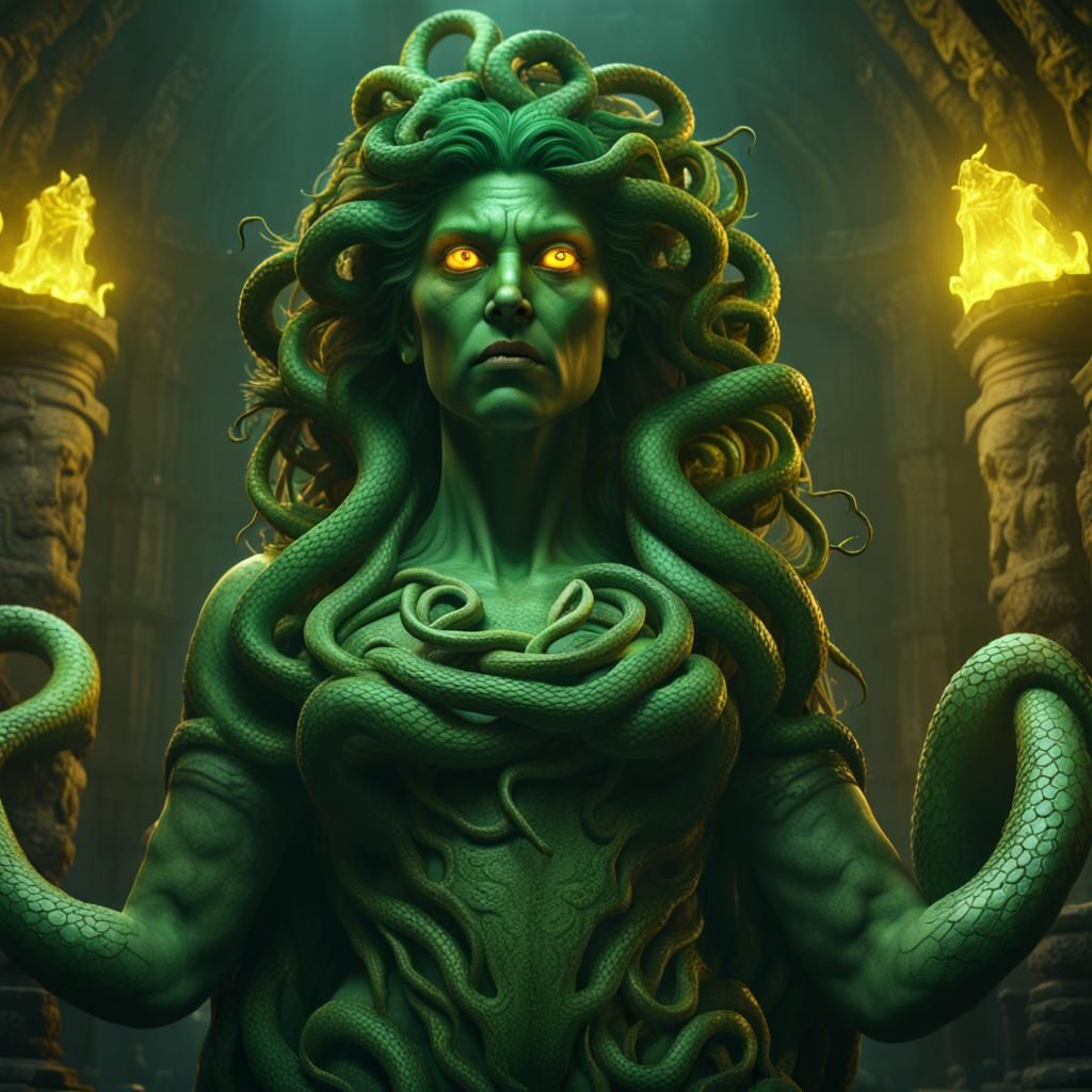 green medusa with yellow glowing eyes and snake hair screaming in ...