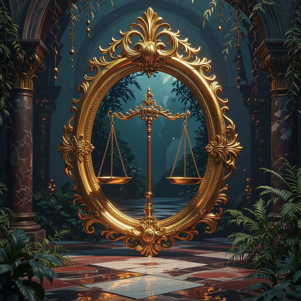 Fantastical Golden Mirror and Scales, Oil Painting Style