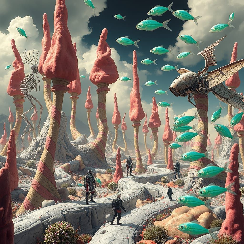 Surreal dreamlike landscape made of  candy and bones uncanny machine Android  human hybrids  cyborg mecha  Dali winged skeleton green fish F...