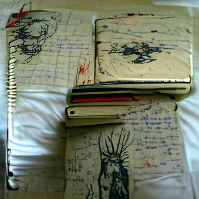 two notebooks full of writings and drawings