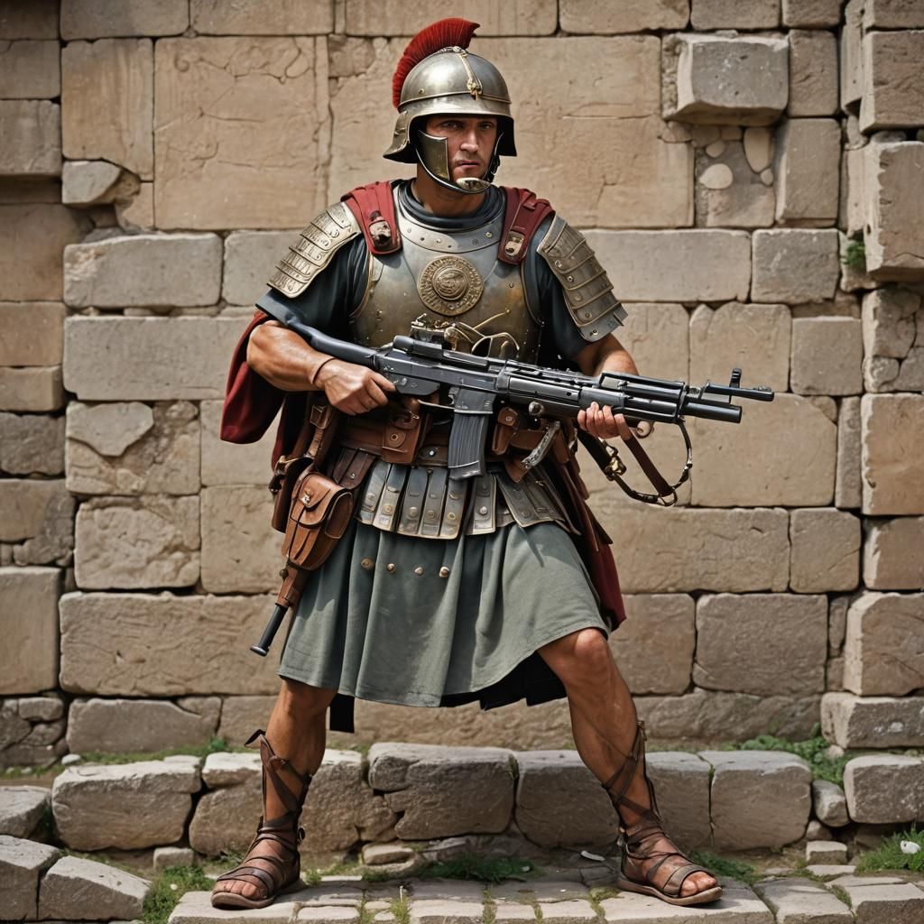 Ancient Roman soldier with a machine gun  by @BulePanda